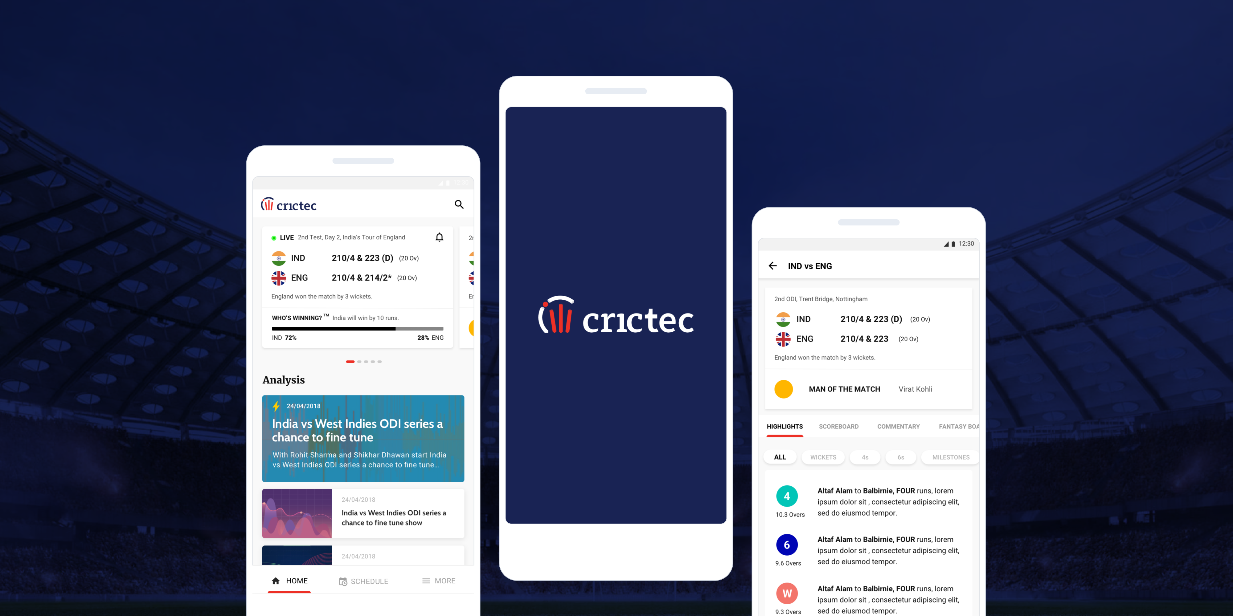 Crictec sports analytics product screens